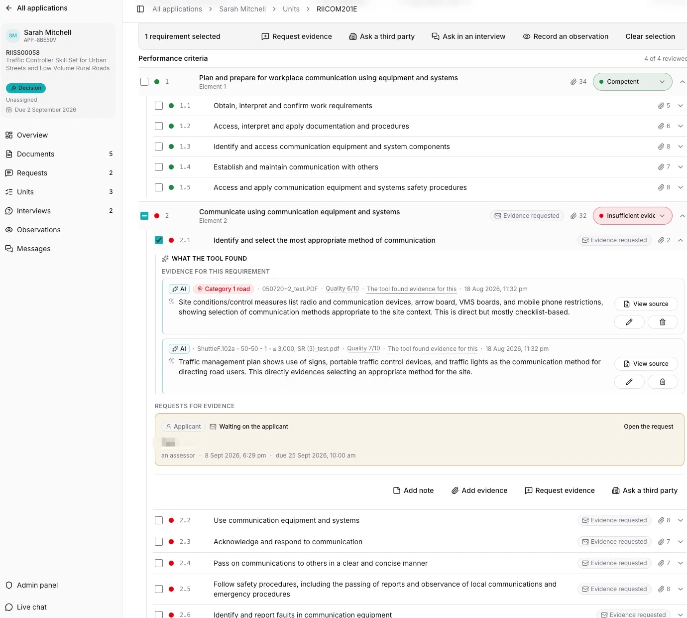 The requirement review screen for a Traffic Controller skill set, showing AI-drafted evidence findings and quality scores against performance criteria, each linking back to its source document
