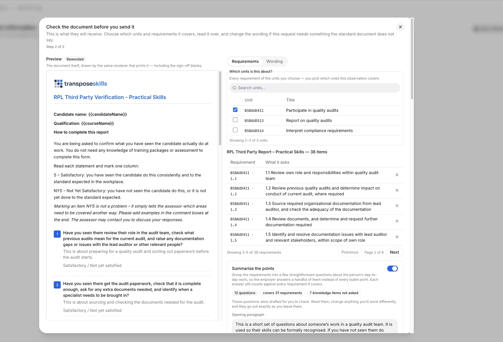 A third-party verification request being previewed before sending, with the units and requirements it covers selected on the right